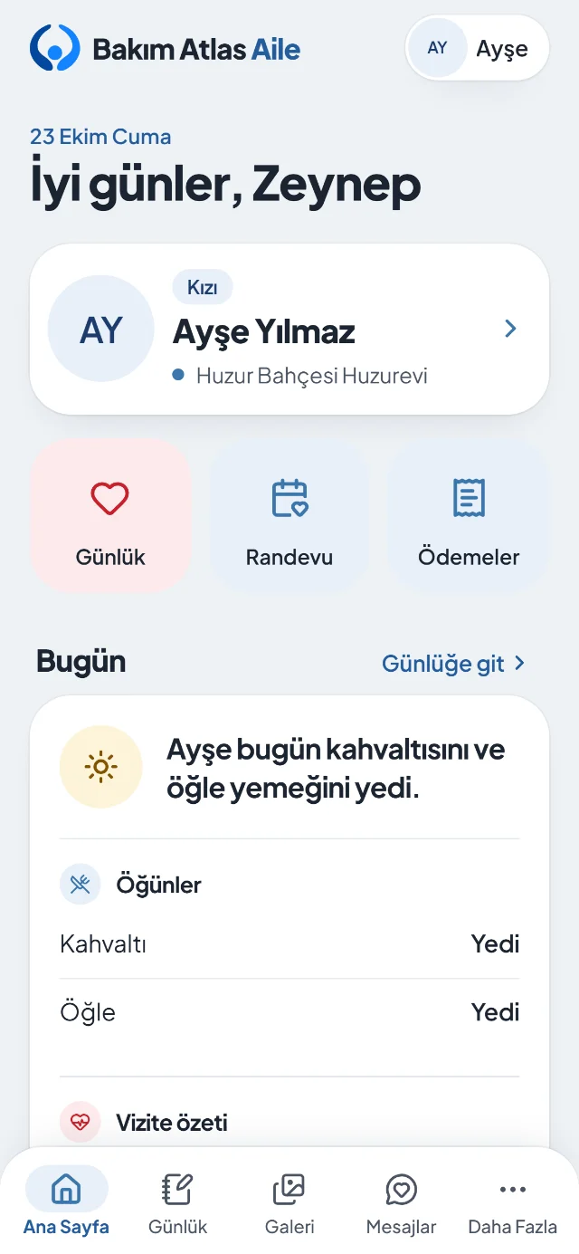 Hasta yakını uygulamasının ana sayfası: misafirin kartı, günlük, randevu ve ödemeler kısayolları, bugünün özeti.