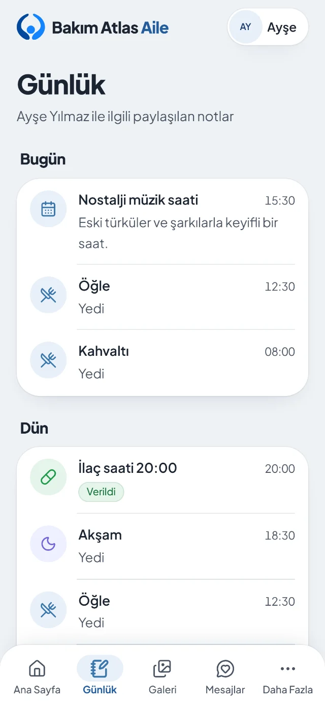 Hasta yakını uygulamasında günlük: etkinlik, öğün ve ilaç saati kayıtları.